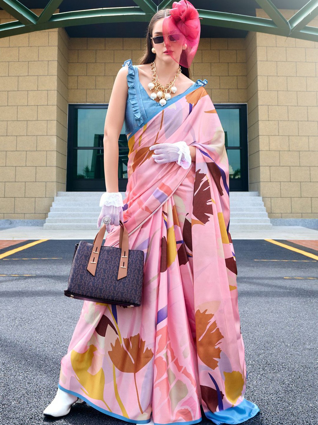

Anouk Floral Poly Crepe Saree, Pink
