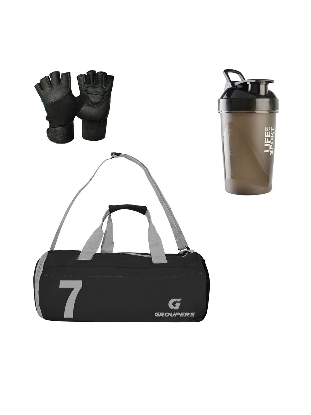 

GROUPERS Medium Foldable Sports Duffel Bag With Gloves & Shaker Bottle, Black