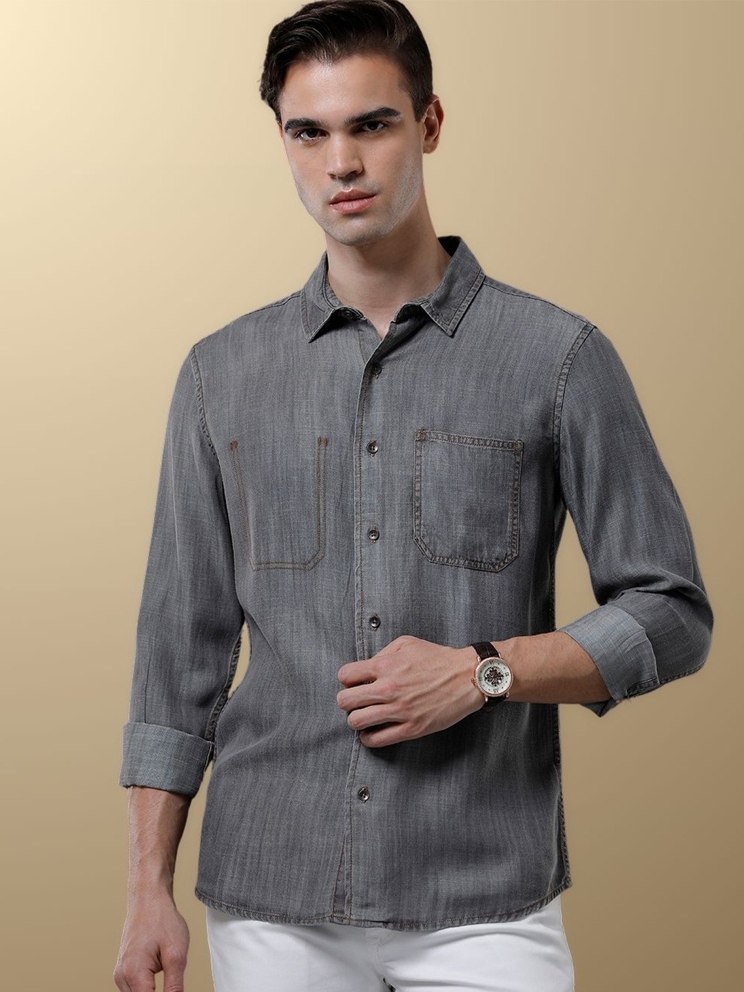 

TEMPLE OF DENIM Men India Slim Spread Collar Solid Denim Casual Shirt, Grey