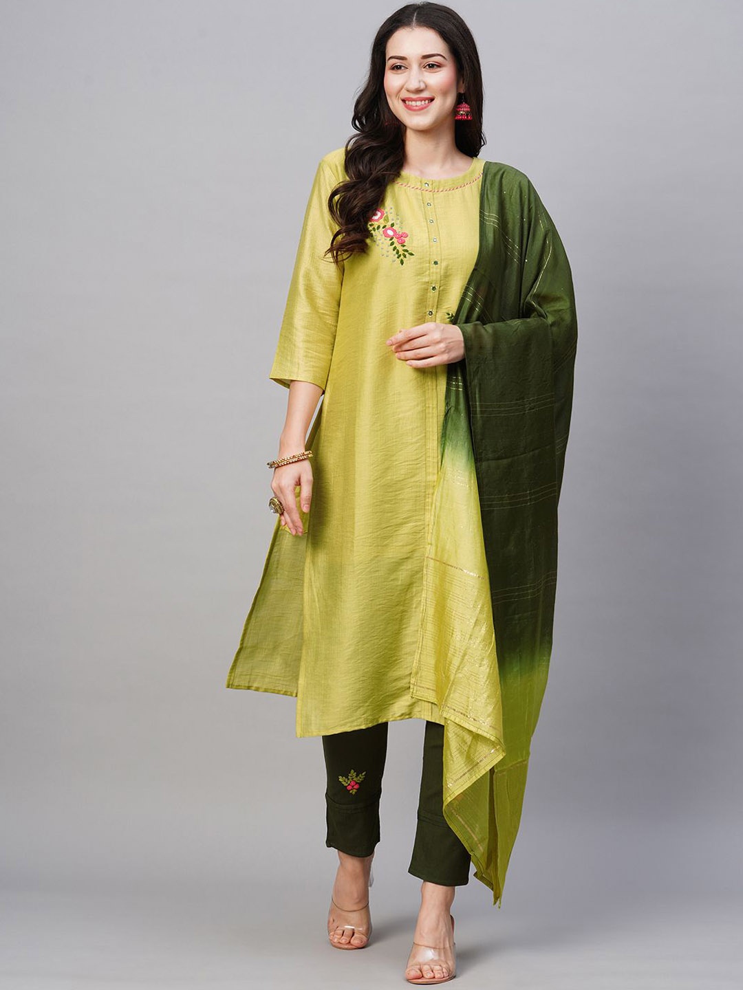 

Kiana House Of Fashion Floral Embroidered Straight Kurta With Trouser & Dupatta, Olive