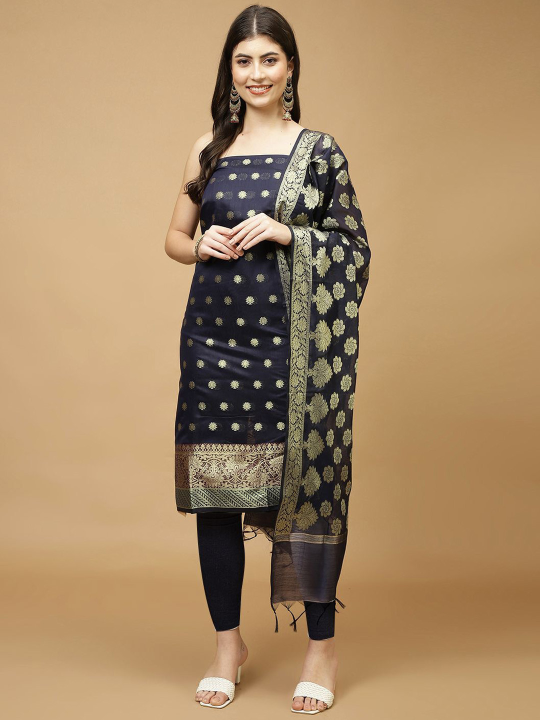 

Meena Bazaar Art Silk Unstitched Dress Material, Navy blue