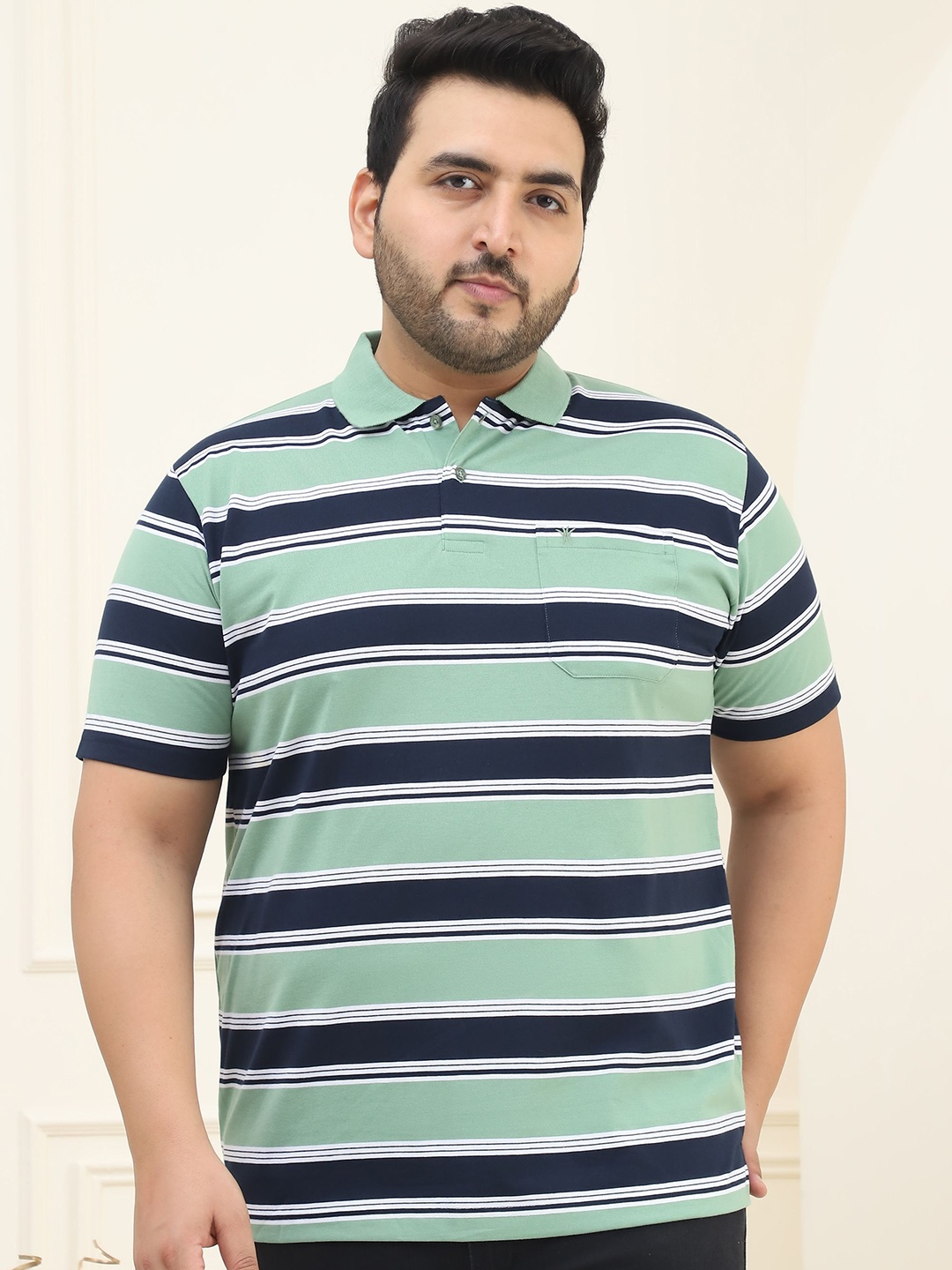 

VENITIAN Men Striped Polo Collar Cotton Plus Size T-shirt, Sea green