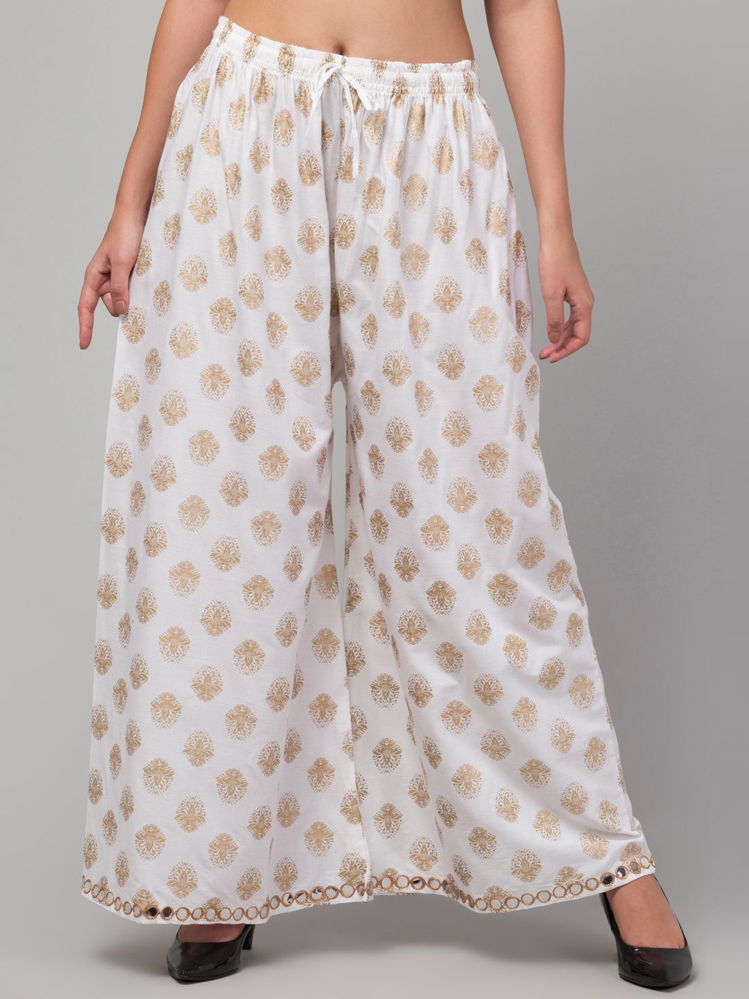 

FAMBEE Women Ethnic Motifs Printed Flared Knitted Palazzos, White