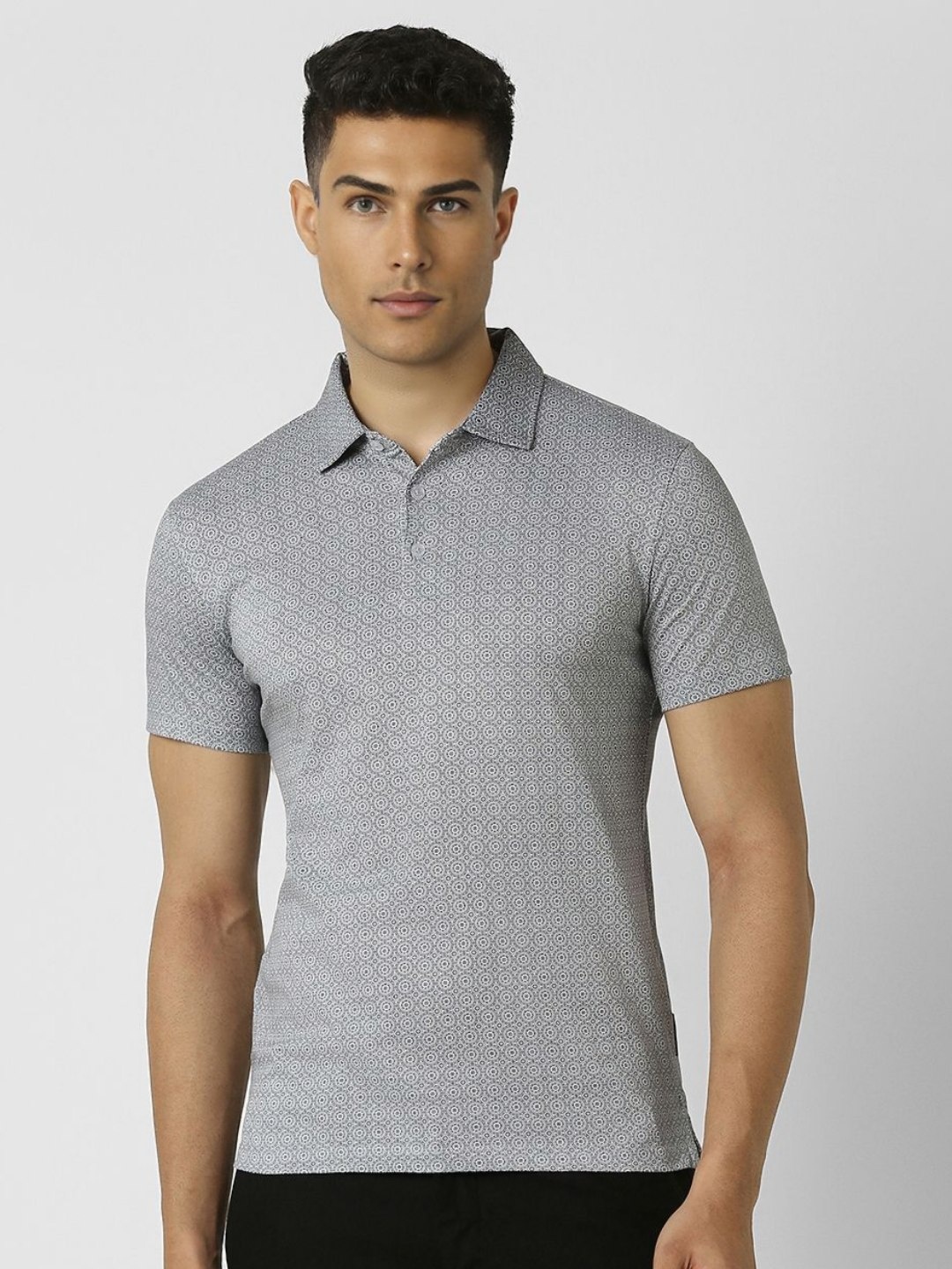 

V Dot Men Geometric Printed Polo Collar Cotton Slim Fit T-shirt, Grey