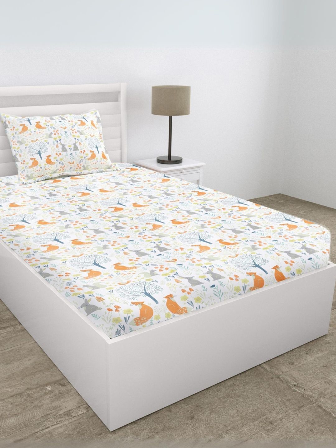 

haus & kinder Cottage Core White Printed 200 TC Pure Cotton Single Bedsheet & Pillow Cover