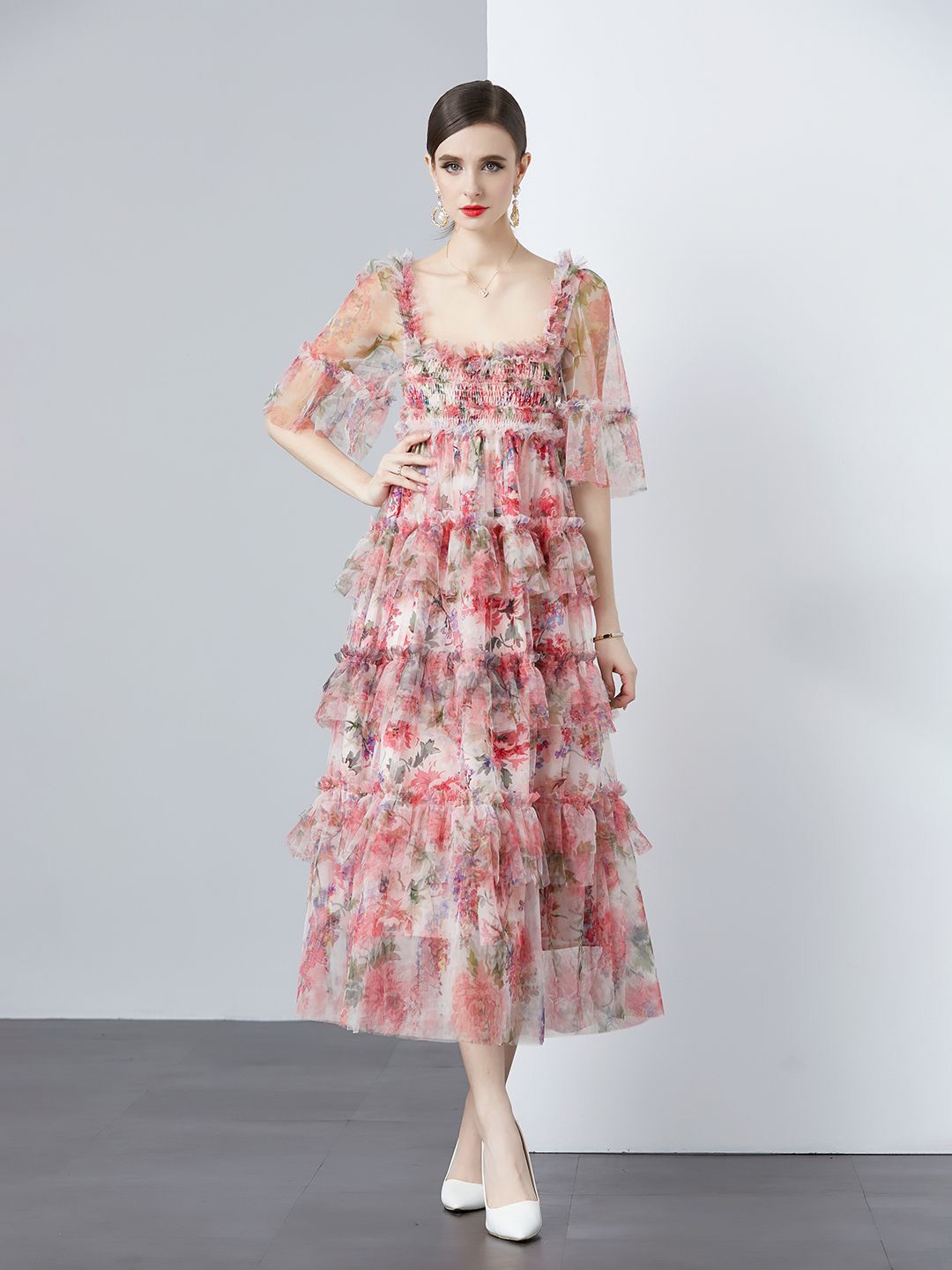 

JC Collection Floral Printed Flared Sleeve Fit & Flare Midi Dress, White