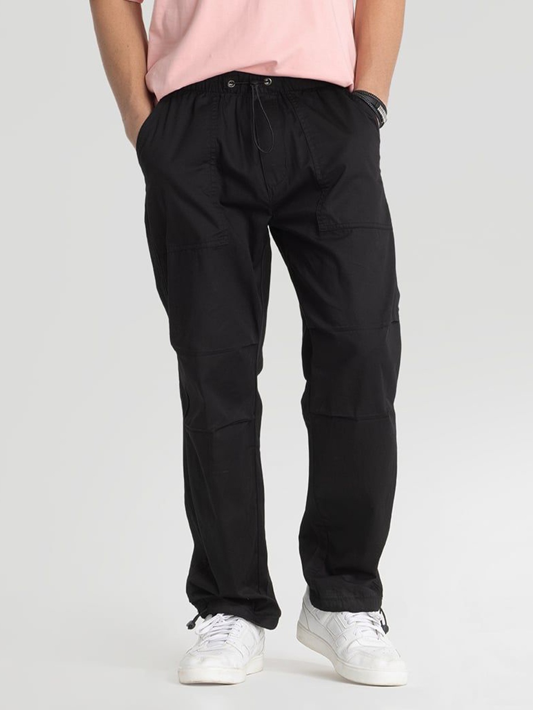

Snitch Men Relaxed Loose Fit Pure Cotton Trousers, Black