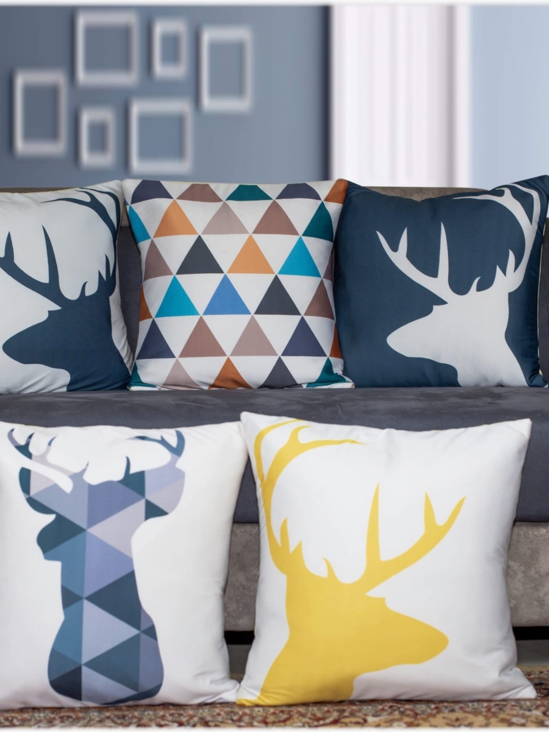 

Vendola White & Blue 5 Pieces Deer Geometric Printed Satin Square Cushion Covers