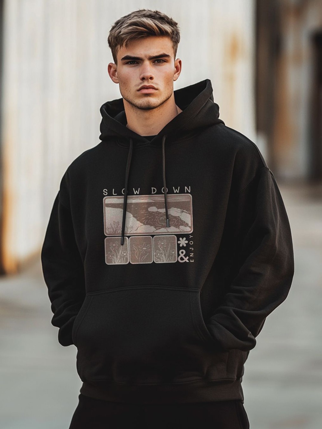 

NOBERO Men Oversized Printed Hooded Sweatshirt, Black