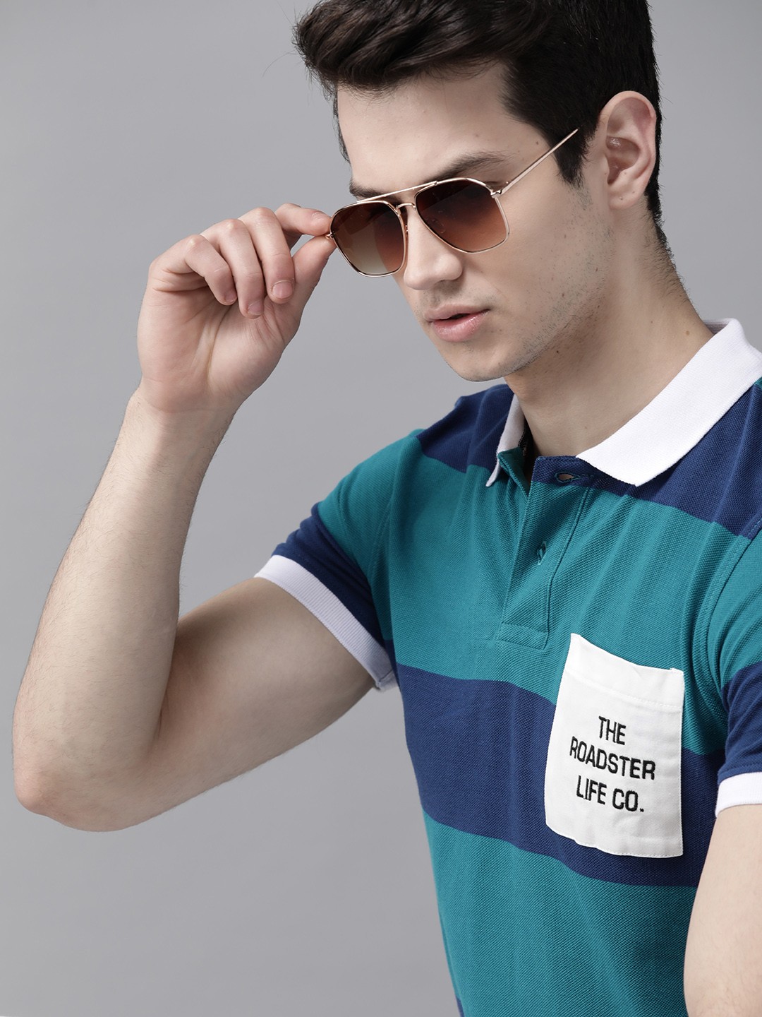 

Roadster Men Blue Green Pure Cotton Pocket Detailing Striped Polo Collar Pure Cotton T-shirt