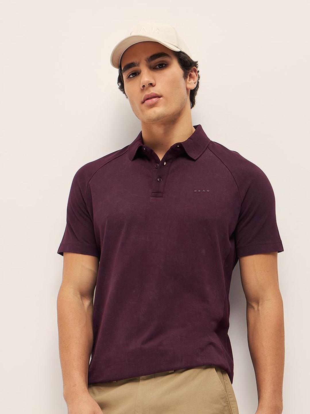 

THE BEAR HOUSE Men Solid Polo Collar Cotton Slim Fit T-shirt, Maroon