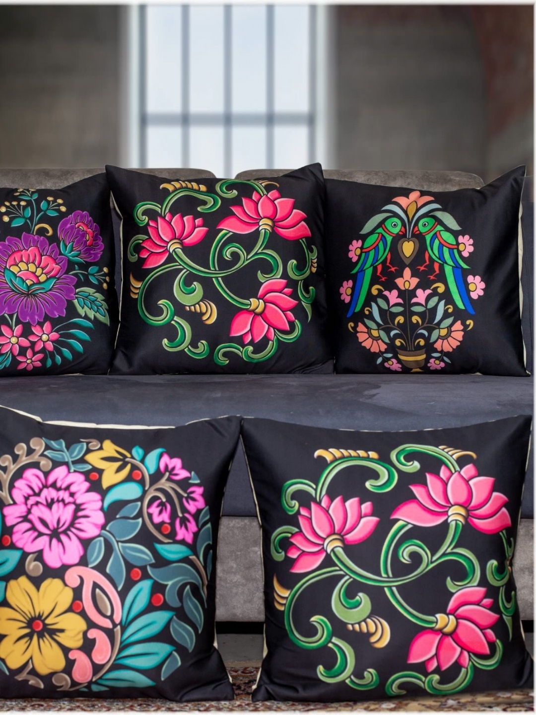 

Vendola Black & Pink 5 Pieces Floral Printed Square Cushion Covers