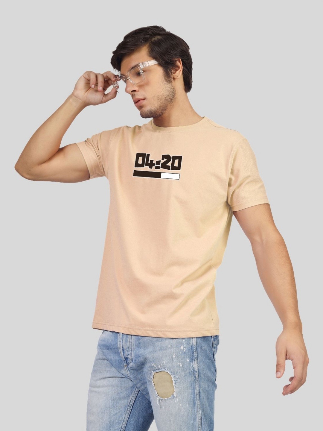 

Greylongg Men Graphic Printed Round Neck Cotton T-shirt, Beige