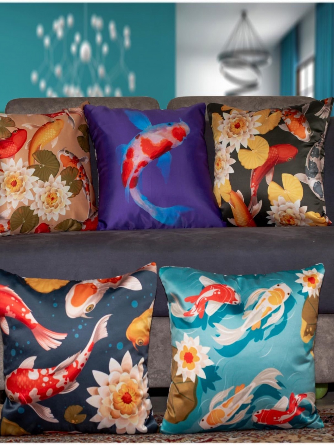 

Vendola Black & Blue 5 Pieces Floral Printed Satin Square Cushion Covers