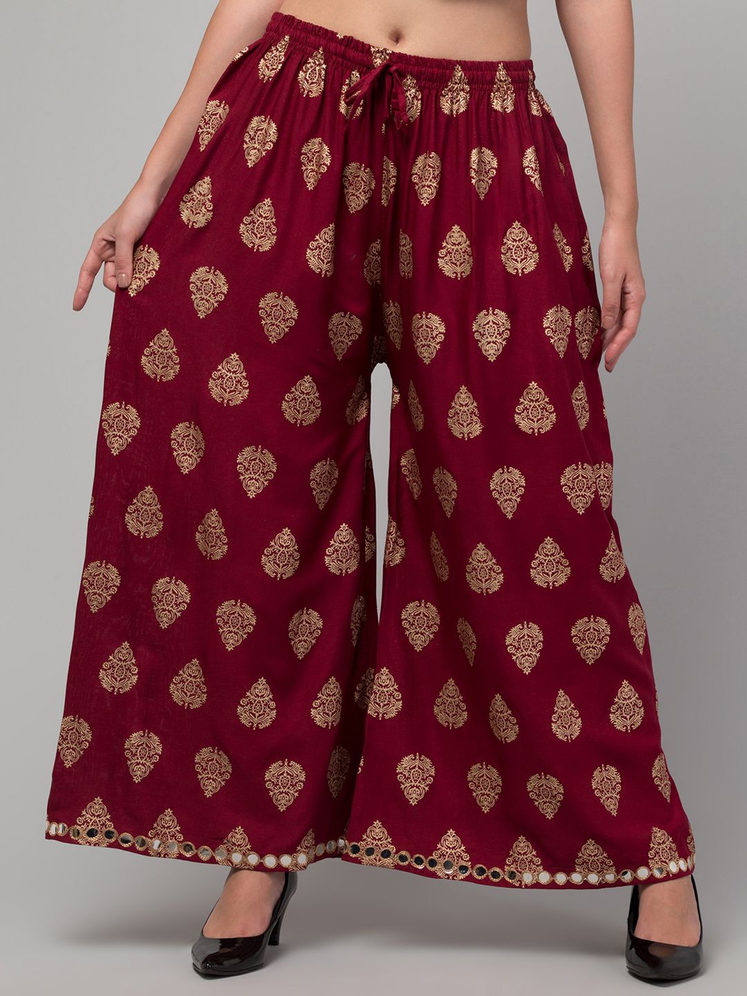 

FAMBEE Women Ethnic Motifs Printed Flared Knitted Palazzos, Maroon