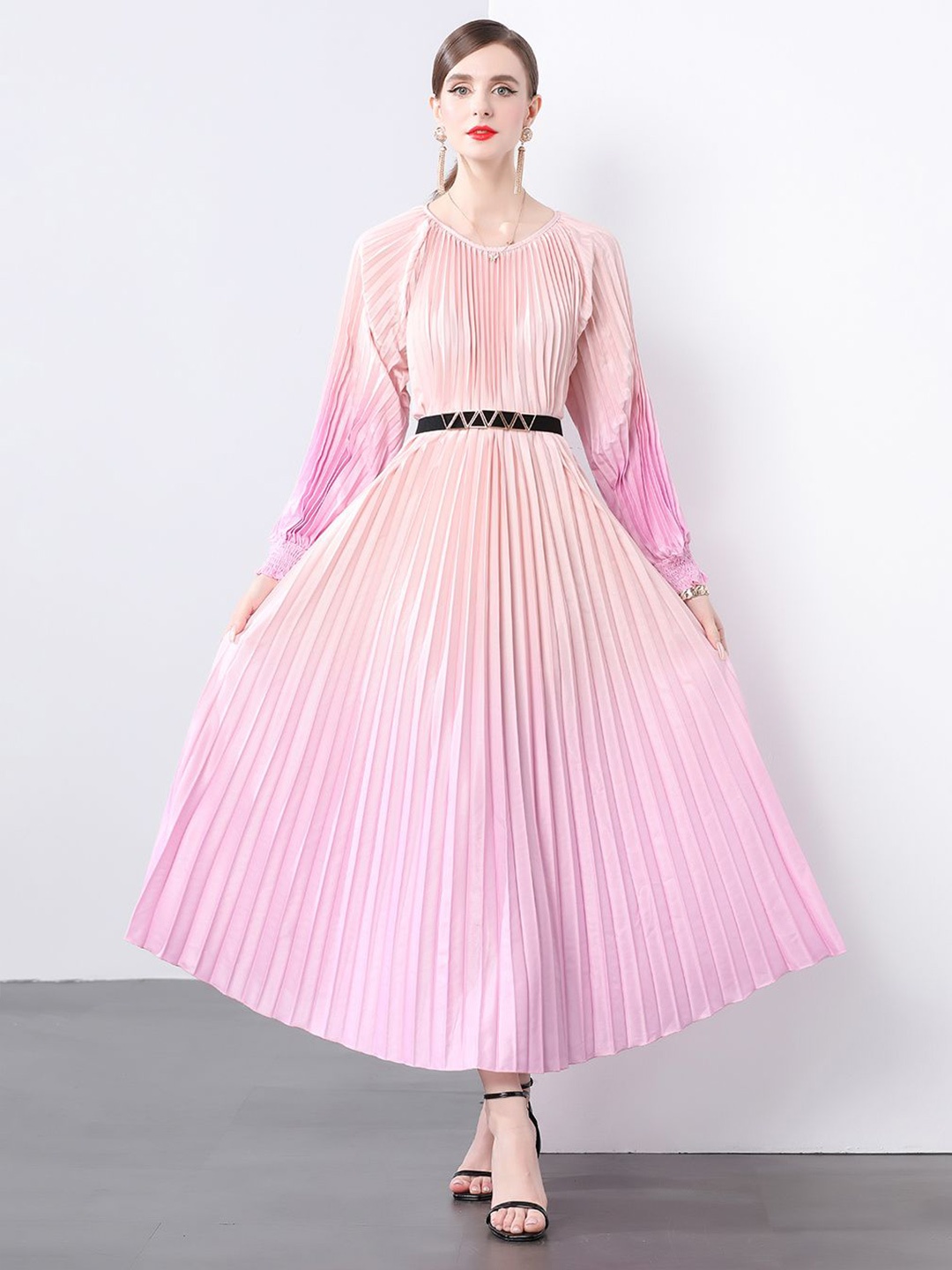 

JC Collection Women Striped Round Neck Cuffed Sleeves Maxi Dress, Pink