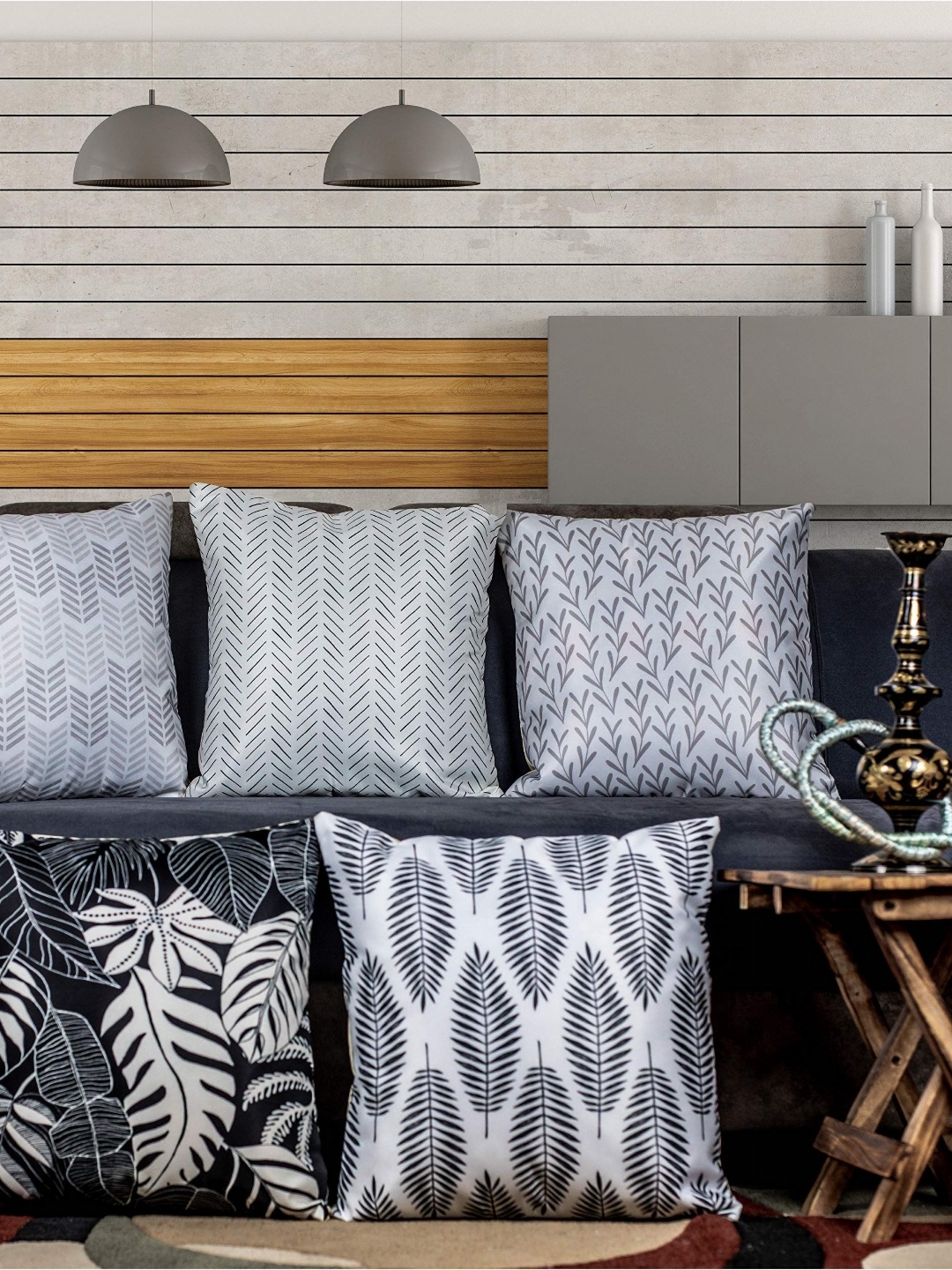 

Vendola Grey & White 5 Pieces Geometric Satin Square Cushion Covers