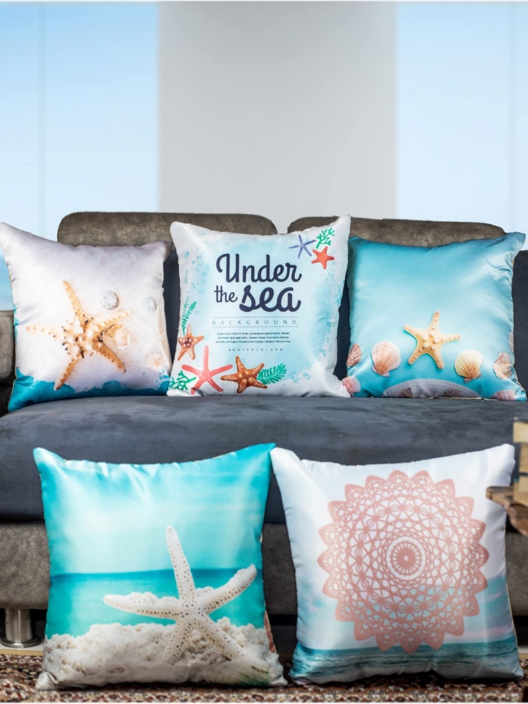 

Vendola Blue & White 5 Pieces Geometric Printed Square Cushion Covers