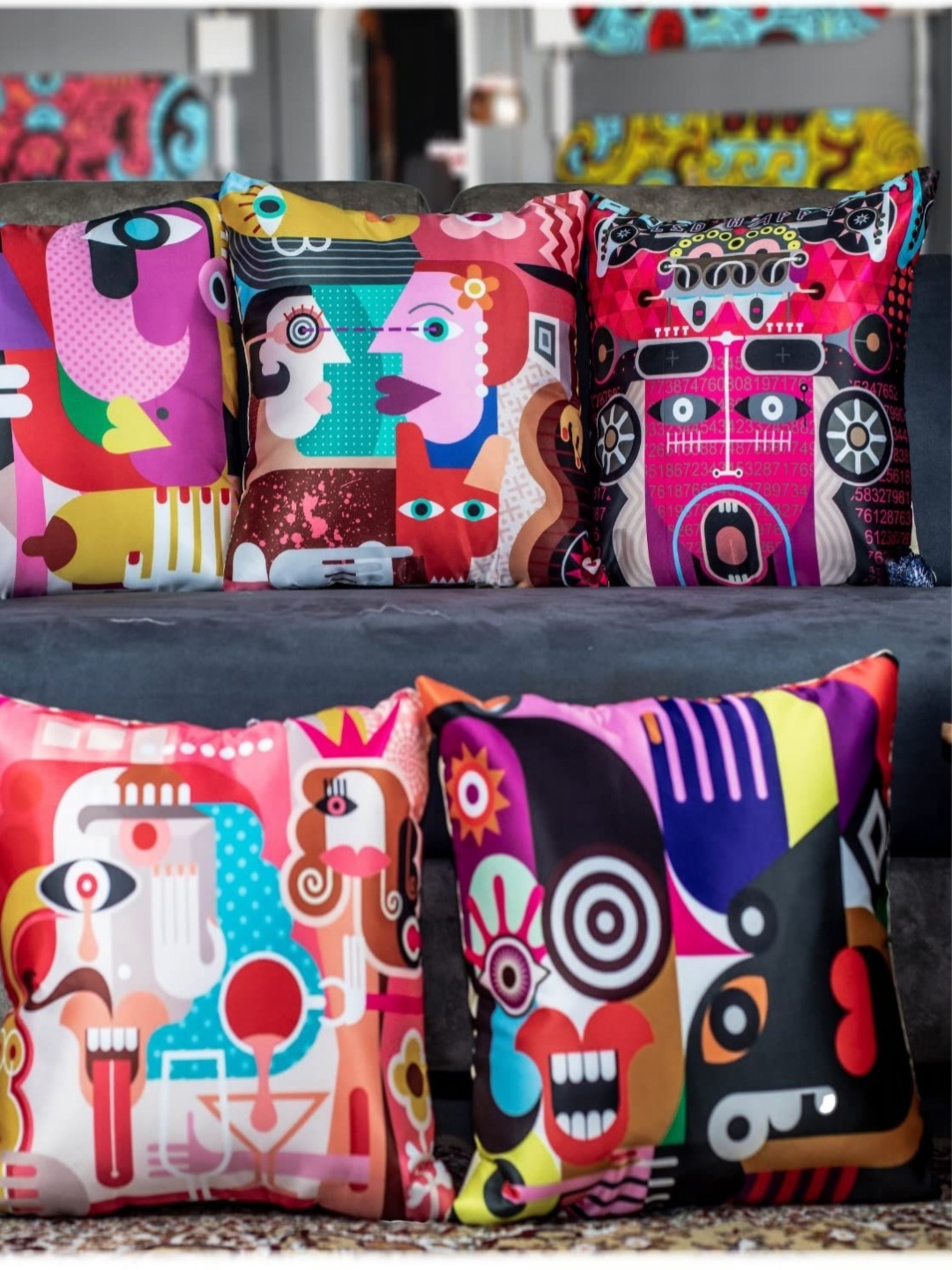 

Vendola Pink & Black 5 Pieces Abstract Printed Satin Square Cushion Covers