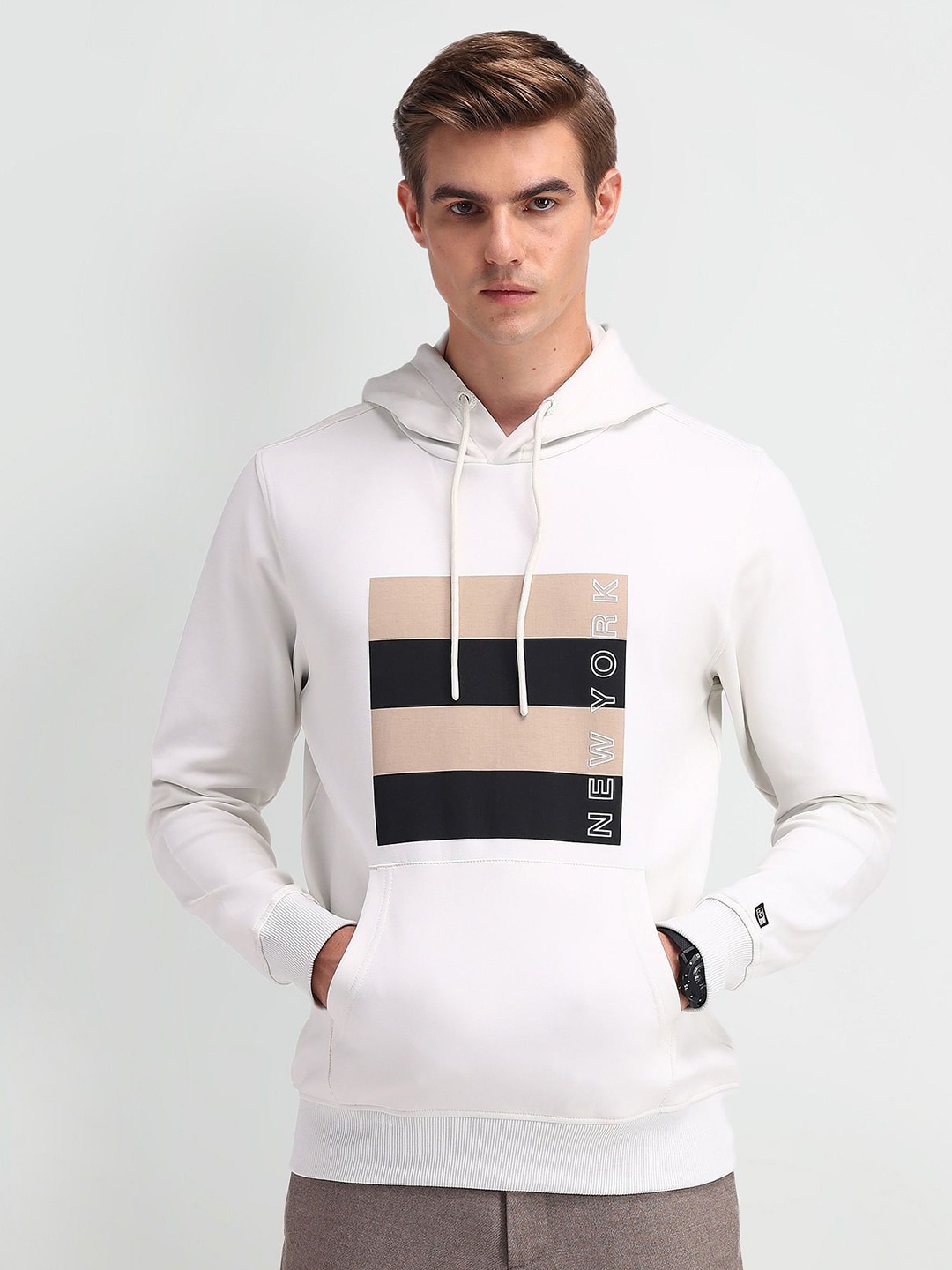 

Arrow Sport Men Printed Hooded Sweatshirt, Off white