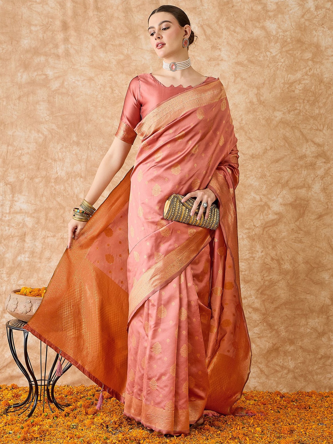 

Sangria Woven Design Banarasi Saree With Blouse, Peach