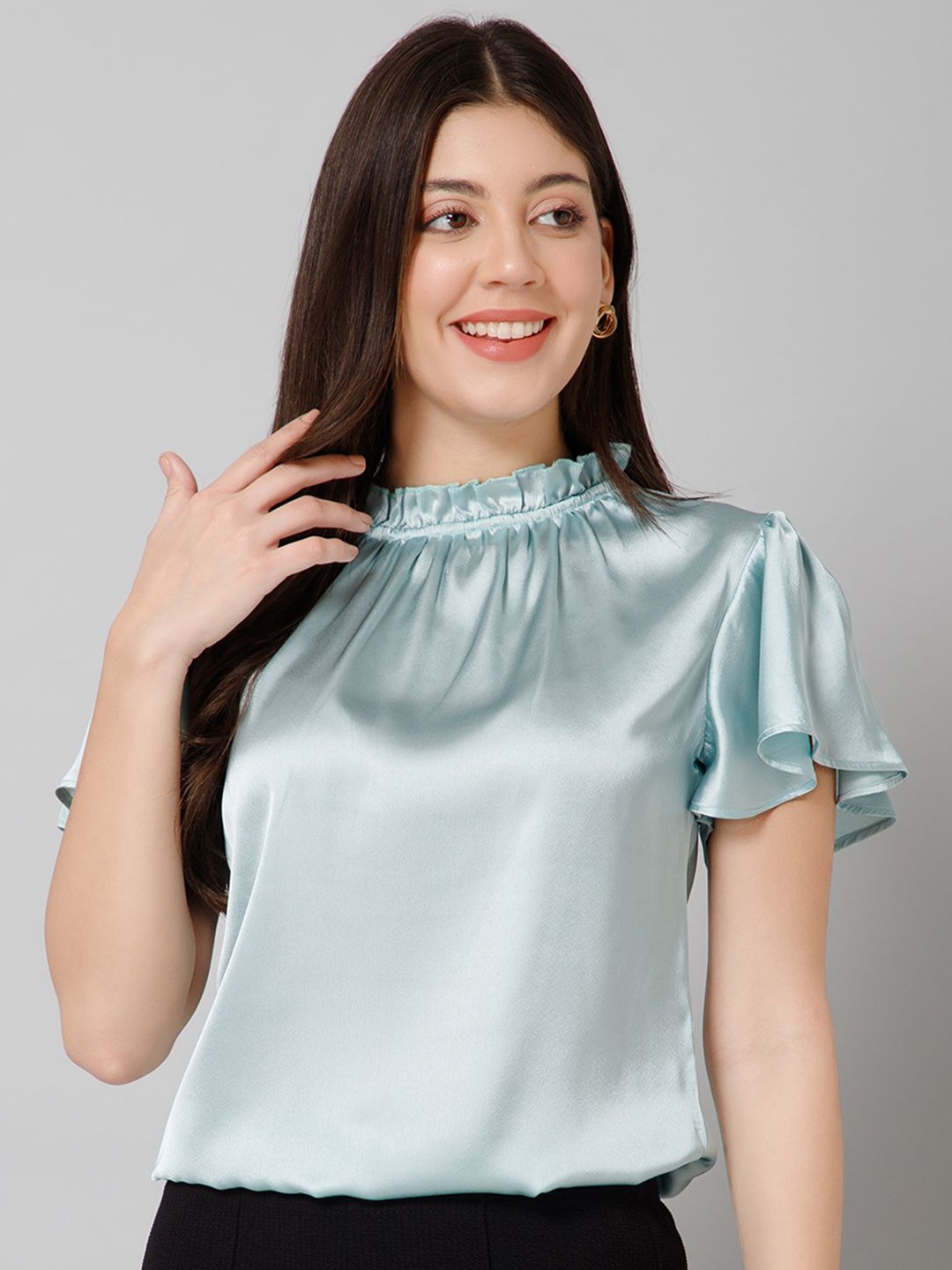 

PURYS WORKSPACE Flared Sleeve Satin Blouson Top, Green