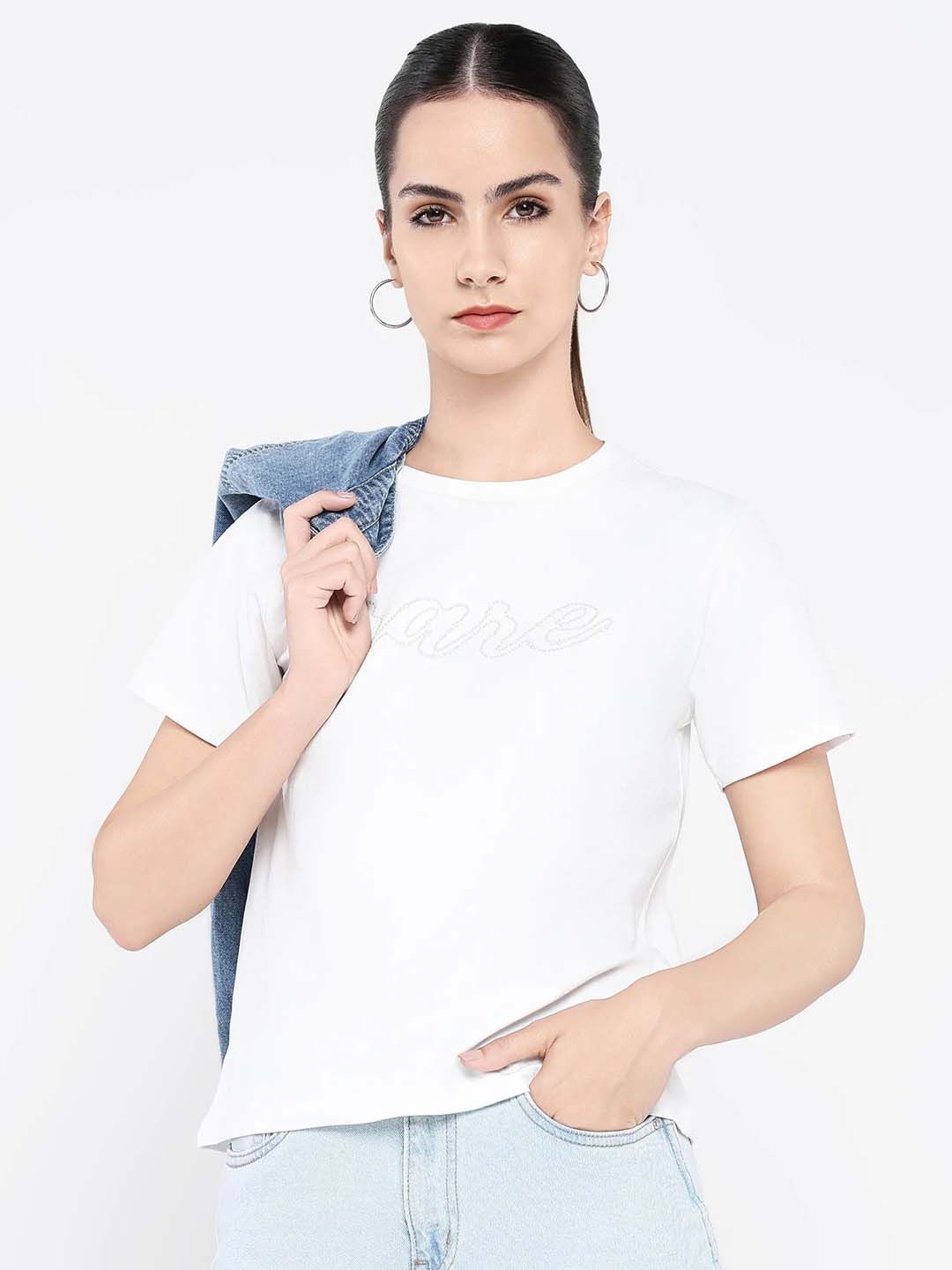 

RAREISM Women Graphic Printed Round Neck Cotton T-shirt, Off white