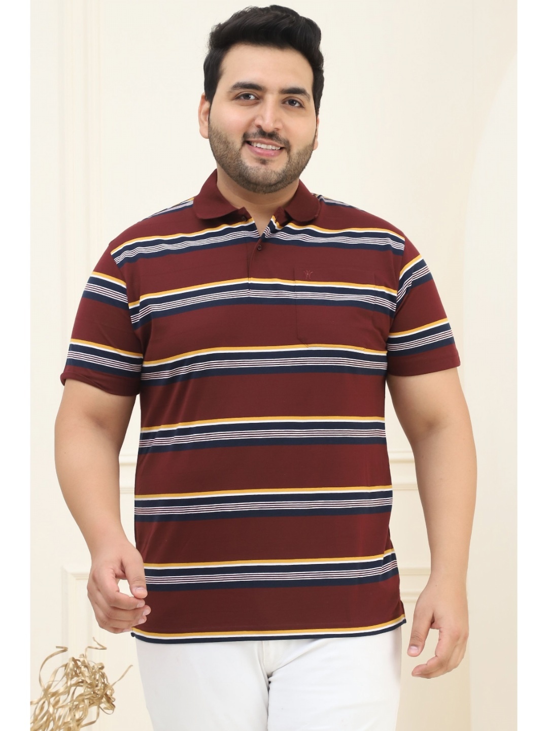 

VENITIAN Men Striped Polo Collar Cotton Plus Size T-shirt, Mauve