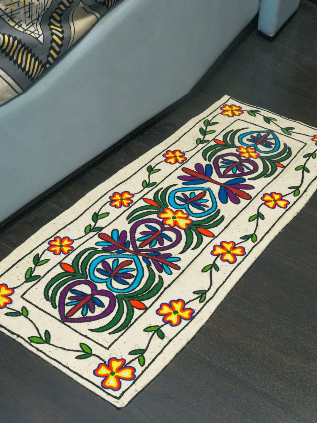 

Swadeh White & Blue Ethnic Motifs Printed Woollen Carpet