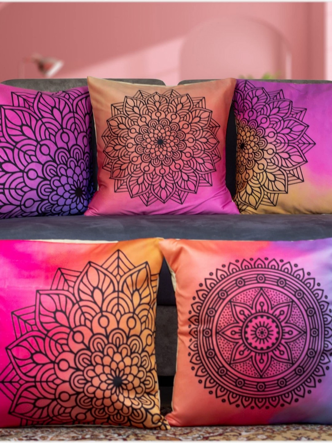 

Vendola Pink & Blue 5 Pieces Floral Printed Satin Square Cushion Covers