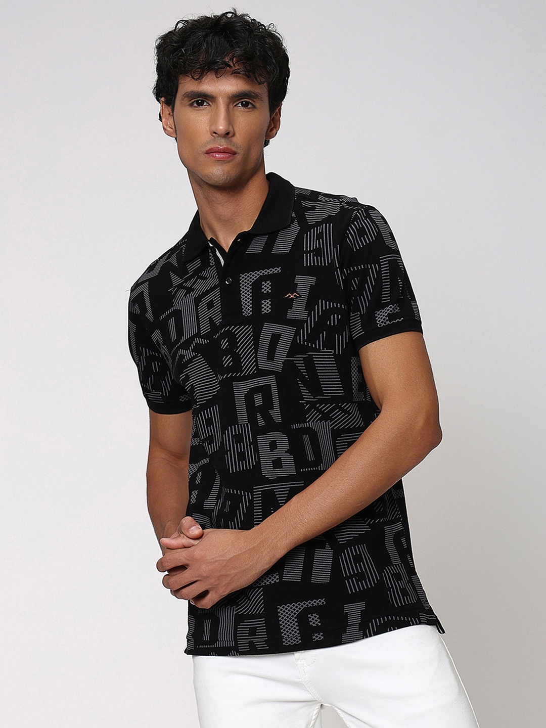 

Mufti Slim Fit Typography Printed Polo Collar Short Sleeve Cotton T-shirt, Black