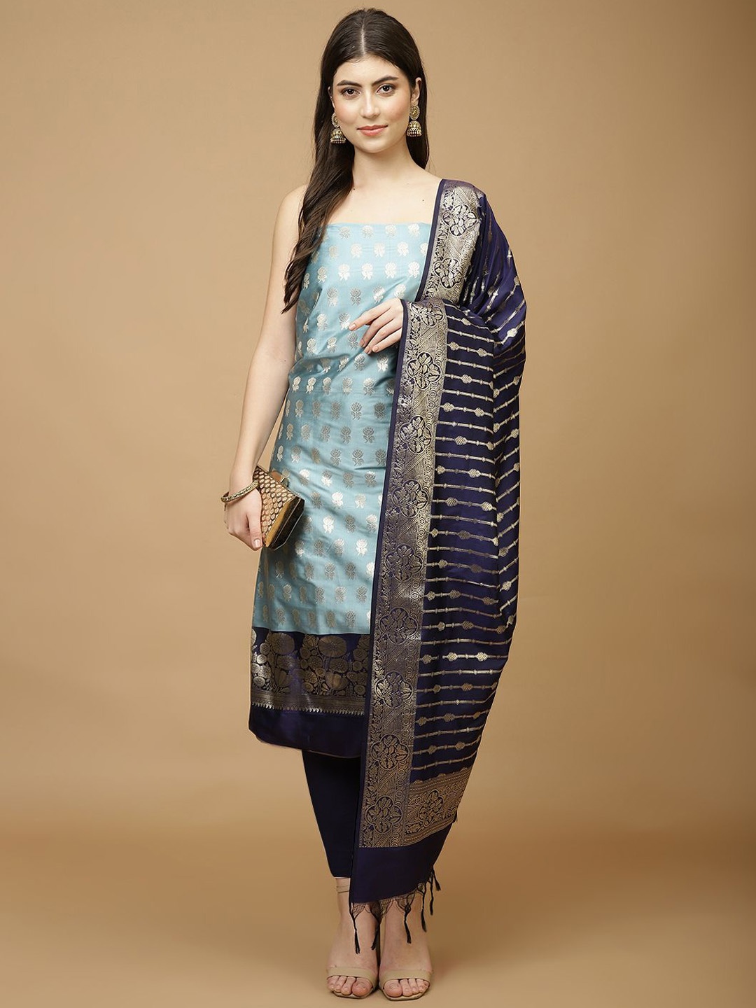 

Meena Bazaar Art Silk Unstitched Dress Material, Blue