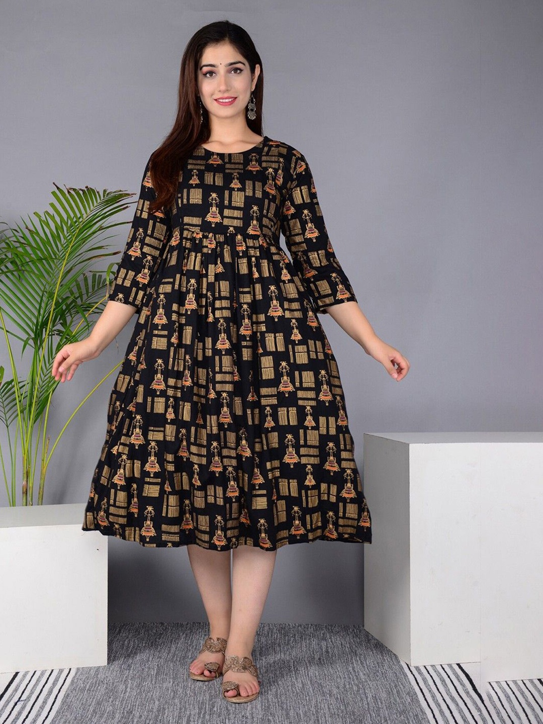 

Parth Fab Ethnic Motifs Print Maternity Fit & Flare Midi Dress, Black
