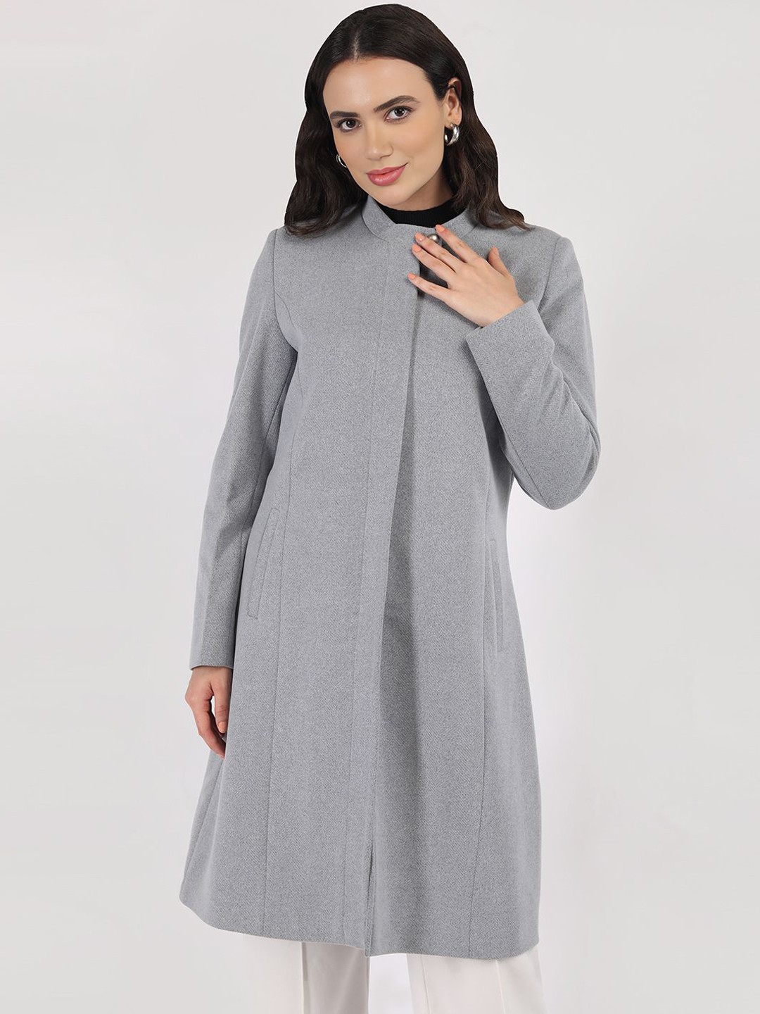 

LURE URBAN Women Single-Breasted Mock Collar Overcoat, Grey