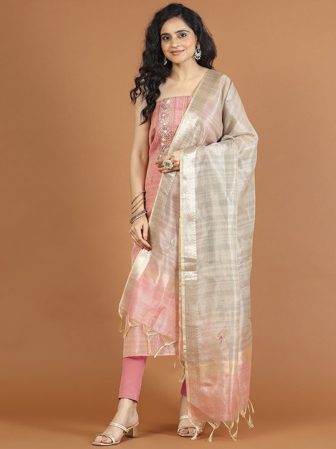 

Meena Bazaar Embroidered Art Silk Unstitched Dress Material, Pink