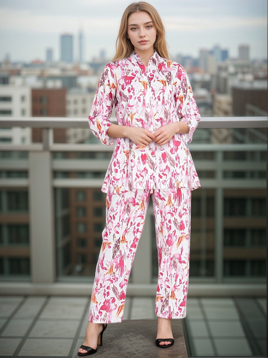 

BAESD Printed Shirt With Trouser Co -Ords, Pink