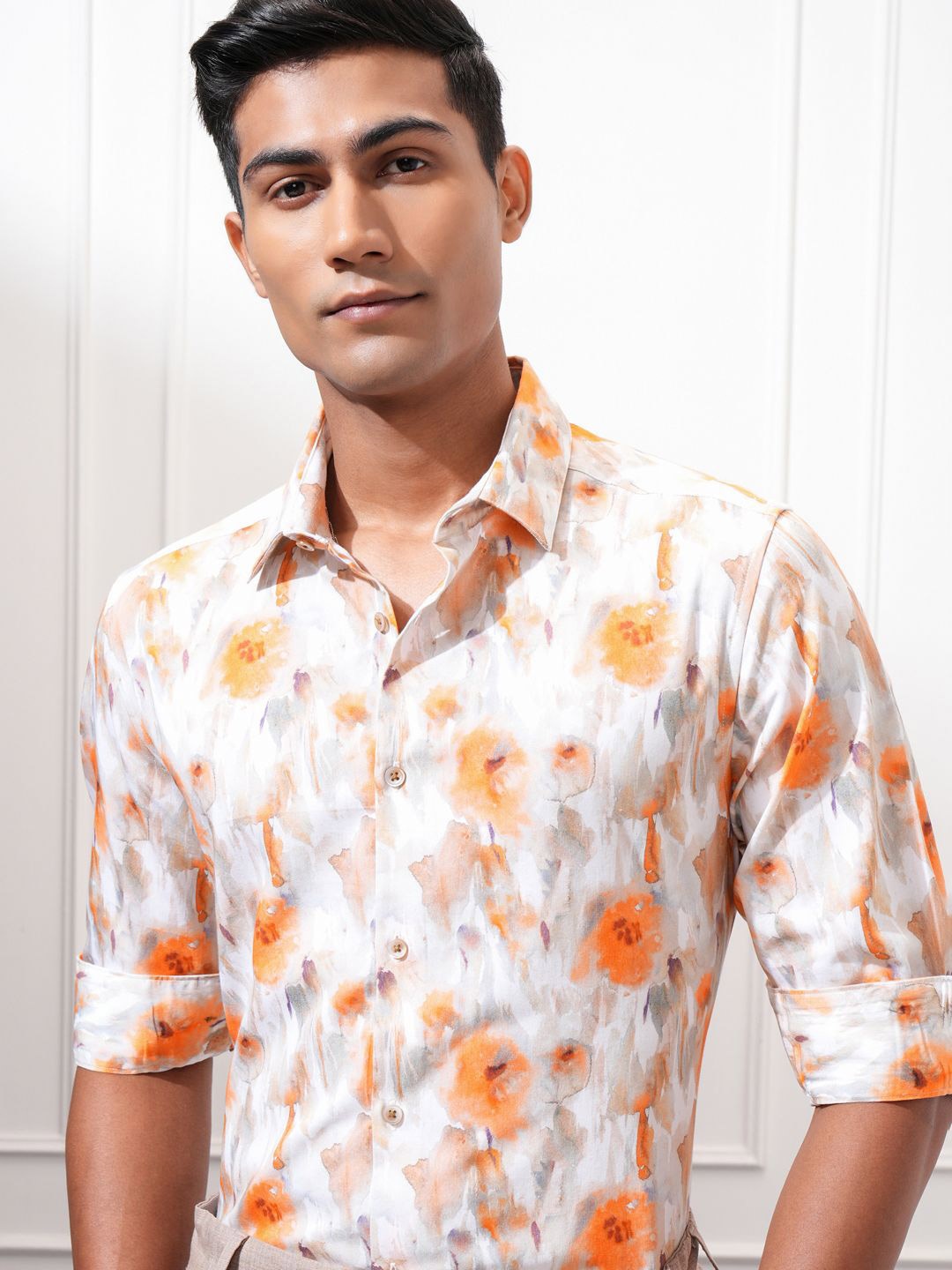 

LOCOMOTIVE Premium Men Satin Printed Party Shirt, Orange
