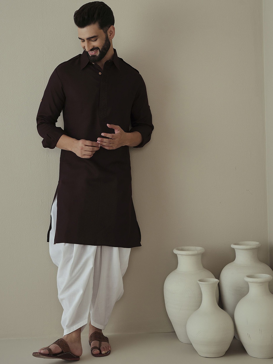 

Inddus Men Embroidered Regular Thread Work Kurta with Dhoti Pants, Brown