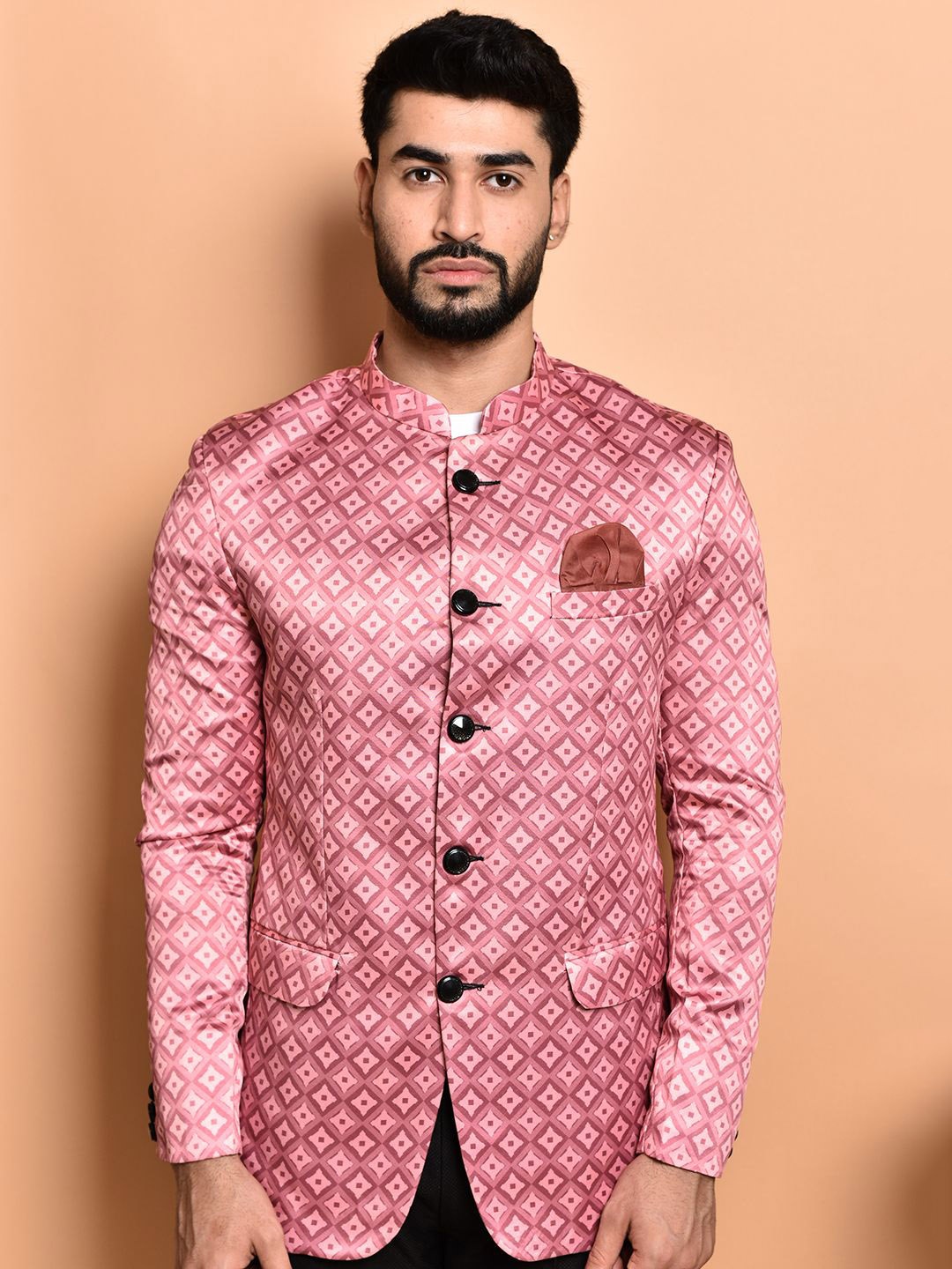 

PRINTCULTR Geometric Printed Mandarin Collar Bandhgala Blazer, Pink