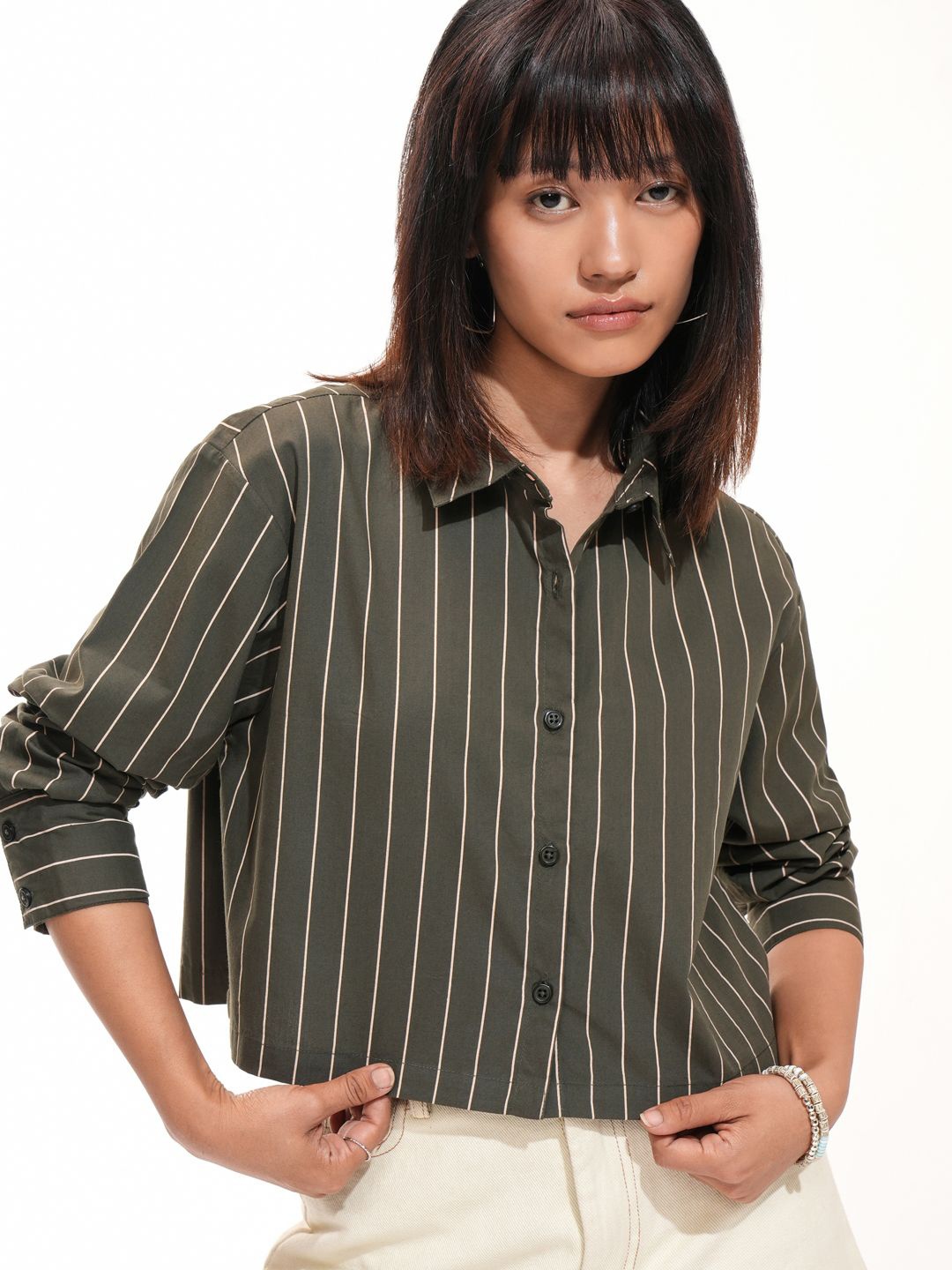 

Tokyo Talkies Women Striped Button-Down Crop Shirt, Olive