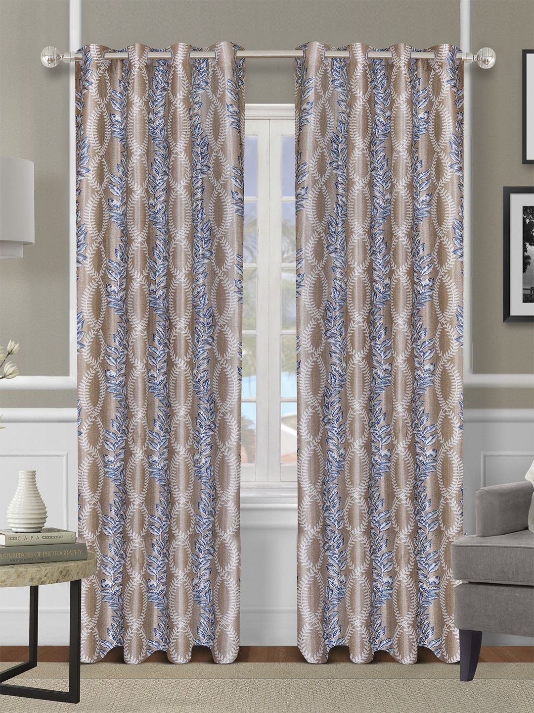 

Myntra Elegant Homes Beige & Blue 2 Pieces Floral Room Darkening Long Door Curtain
