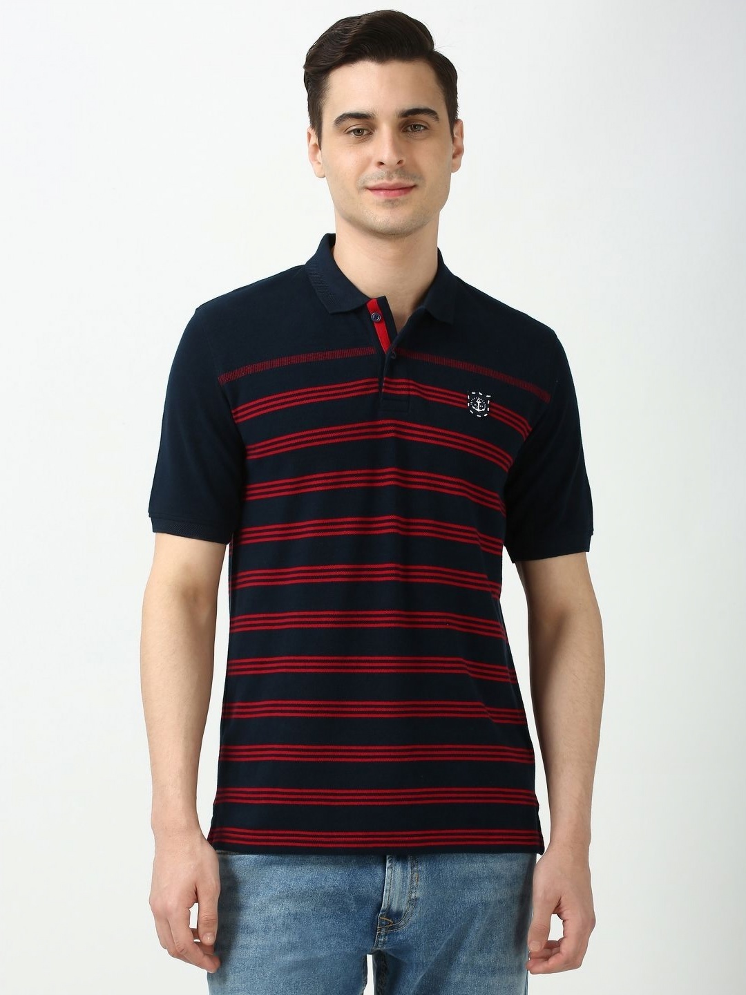 

Peter England Casuals Men Striped Polo Collar Cotton T-shirt, Navy blue