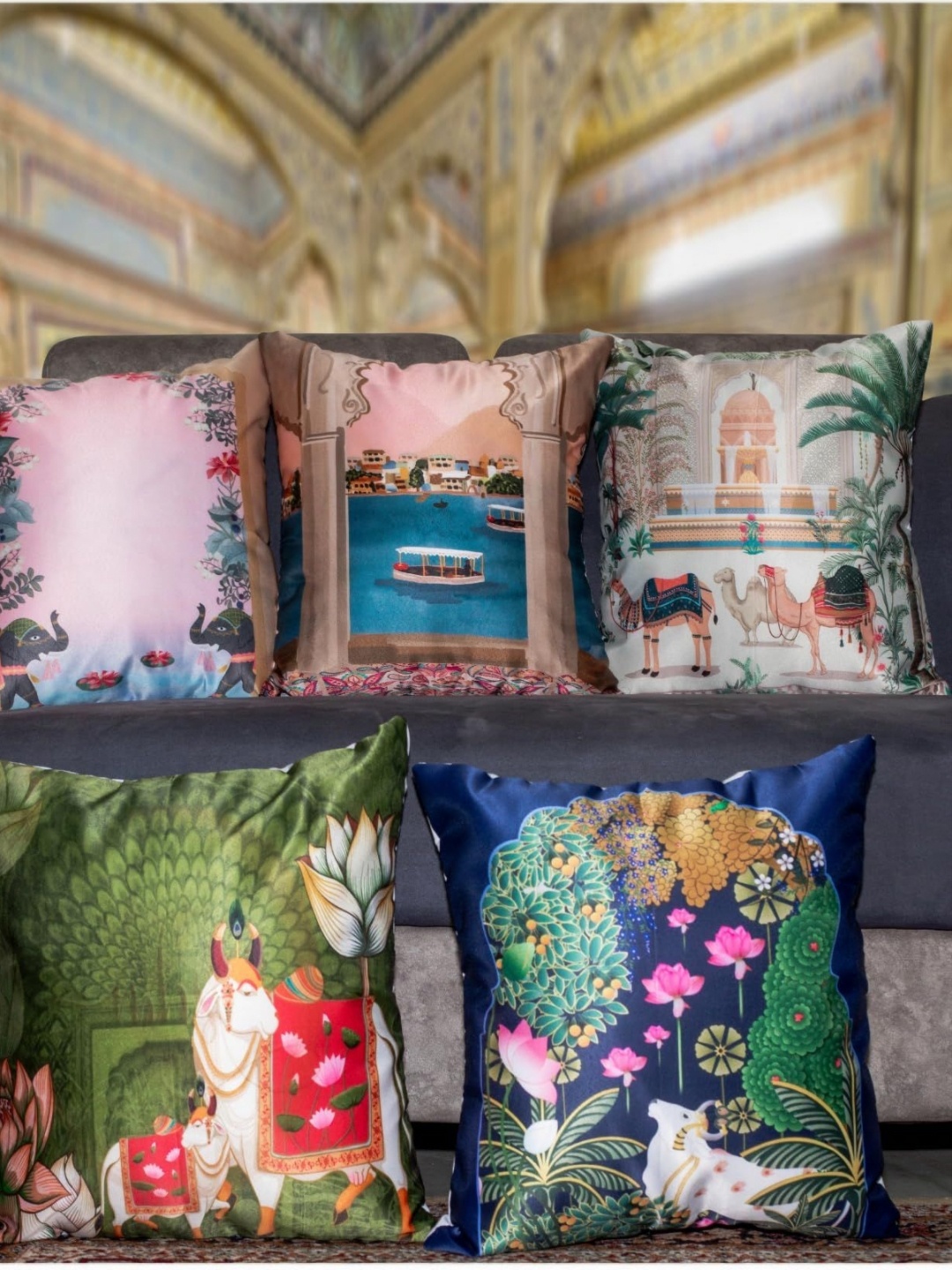 

Vendola Pink & Green 5 Pieces Floral Printed Satin Square Cushion Covers