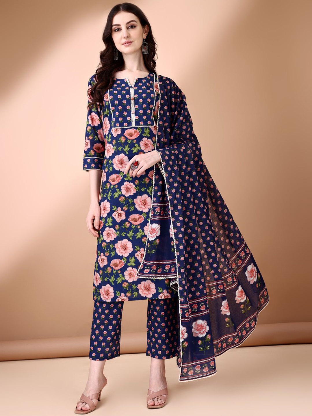 

Anouk Floral Printed Regular Pure Cotton Straight Kurta with Trousers & Dupatta, Navy blue