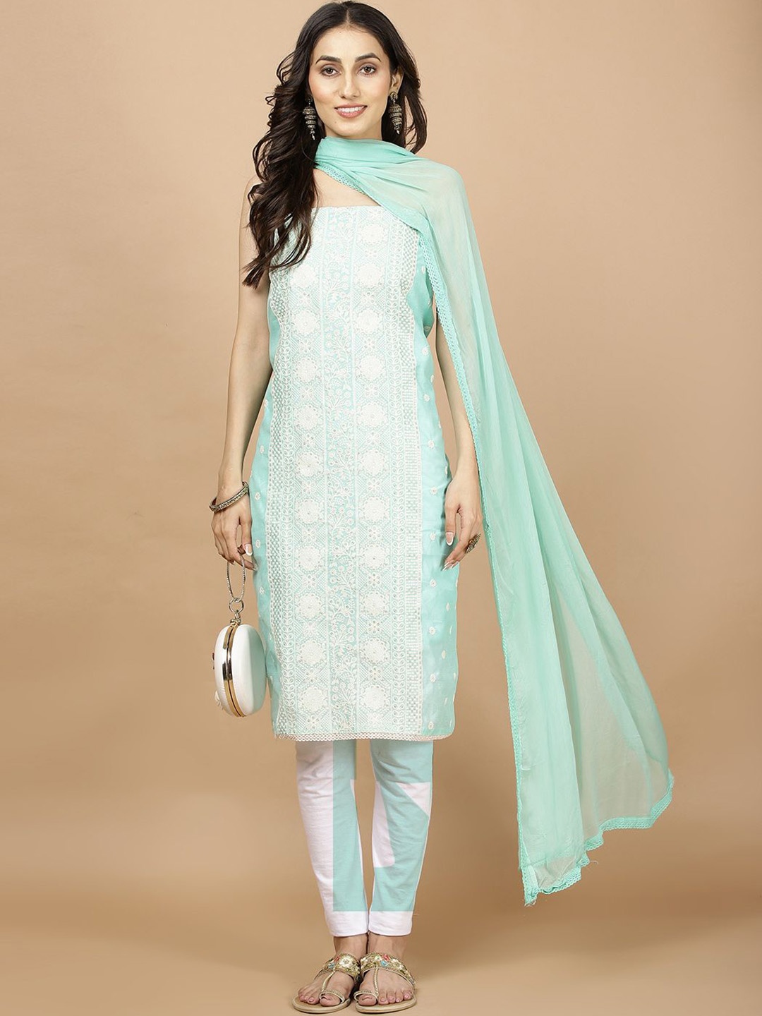 

Meena Bazaar Ethnic Motifs Embroidered Sequined Chanderi Unstitched Dress Material, Sea green