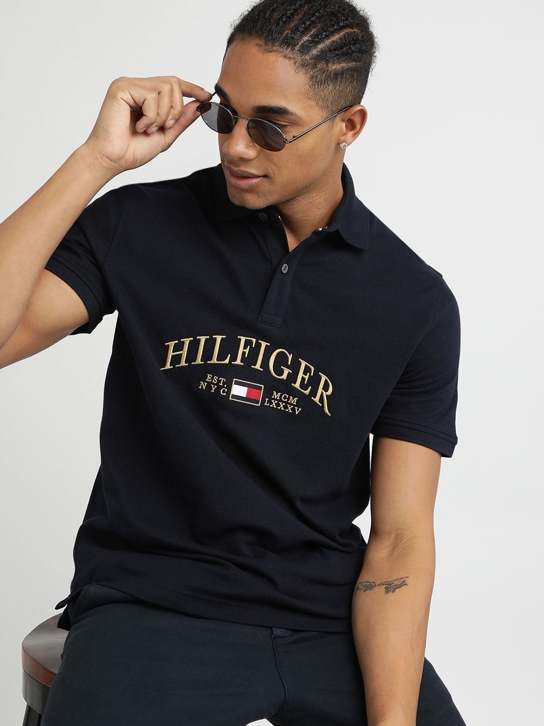 

Tommy Hilfiger Men Typography Printed Polo Collar Cotton T-shirt, Blue