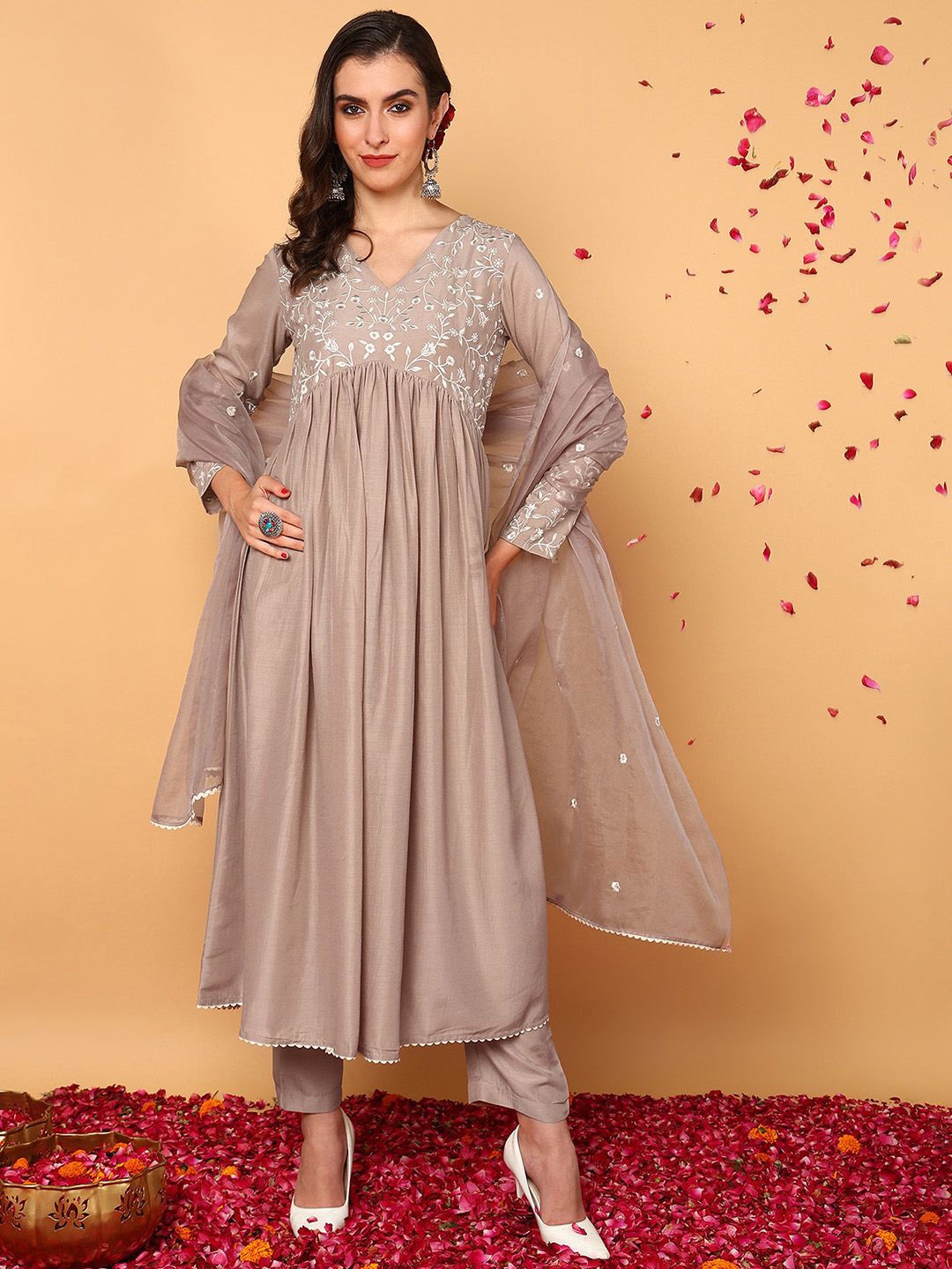 

AHIKA Women Floral Embroidered Empire Thread Work Kurta with Trousers & With Dupatta, Nude