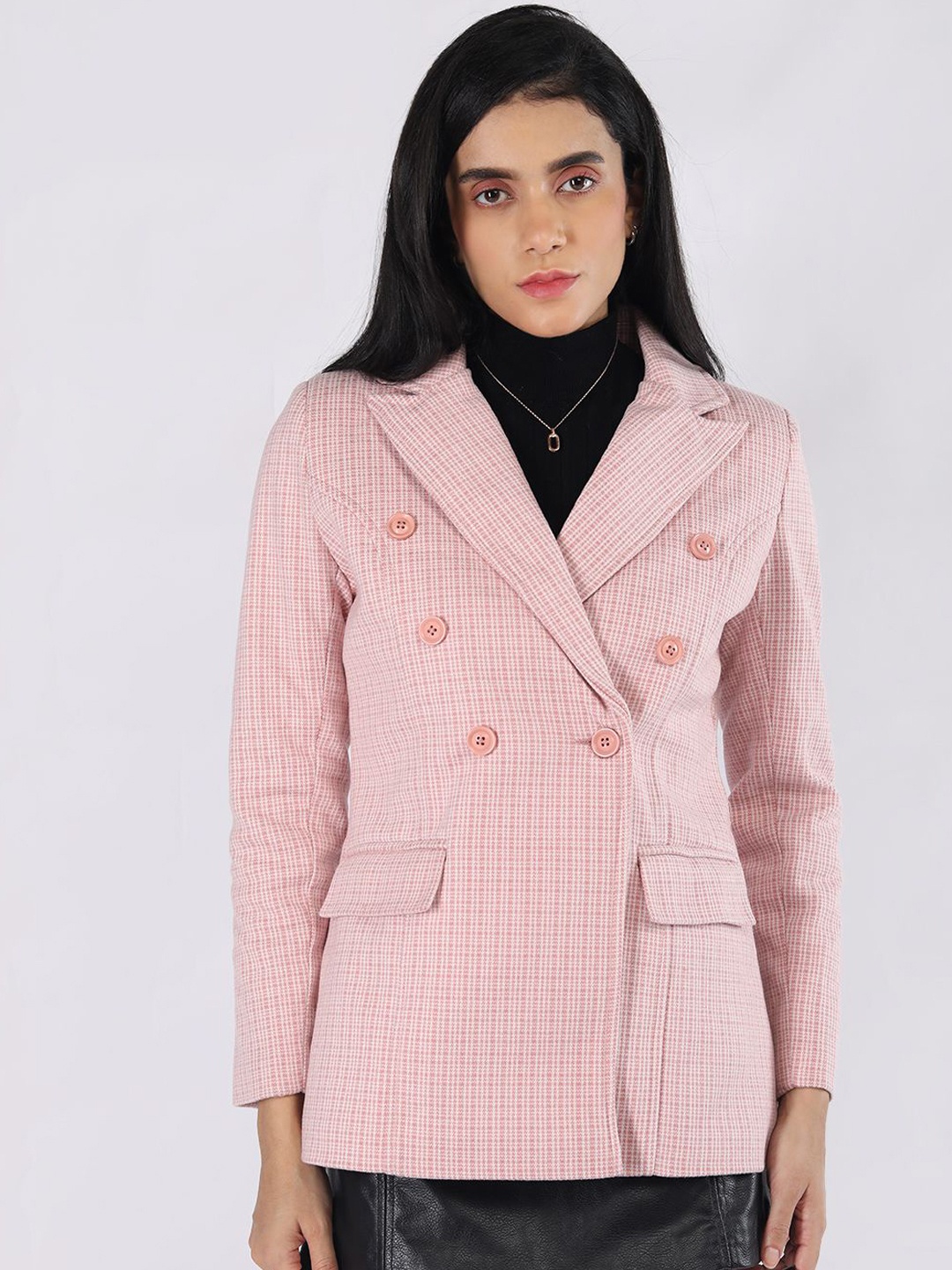 

HONNETE Women Checked Double-Breasted Winter Coat, Pink