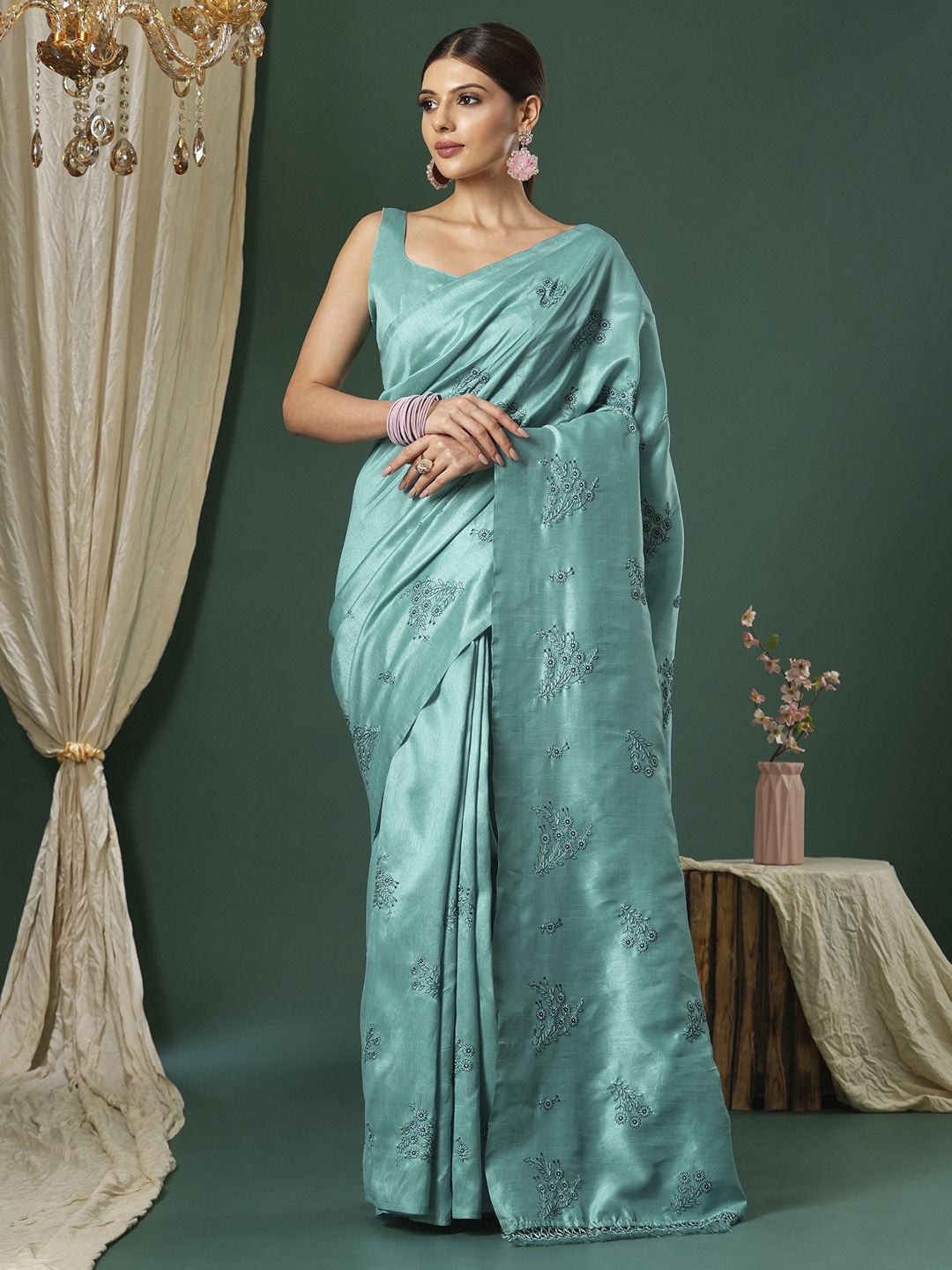 

KALINI Floral Embroidered Silk Blend Saree, Blue