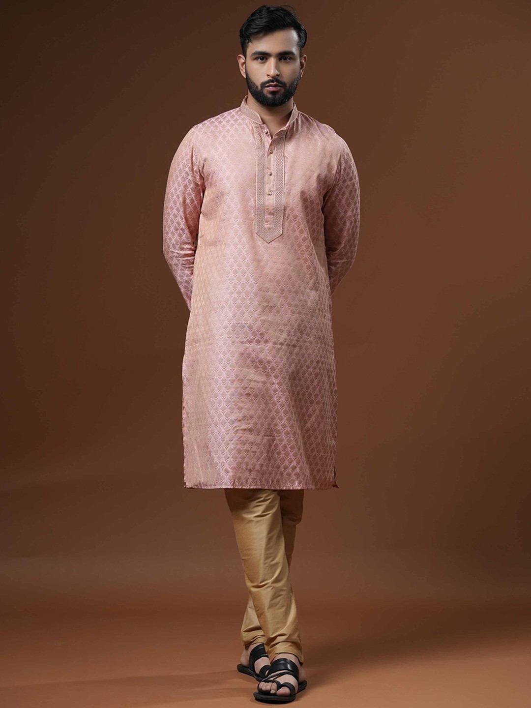 

Ethnic India Geometric Woven Design Mandarin Collar Jacquard Straight Kurta, Pink